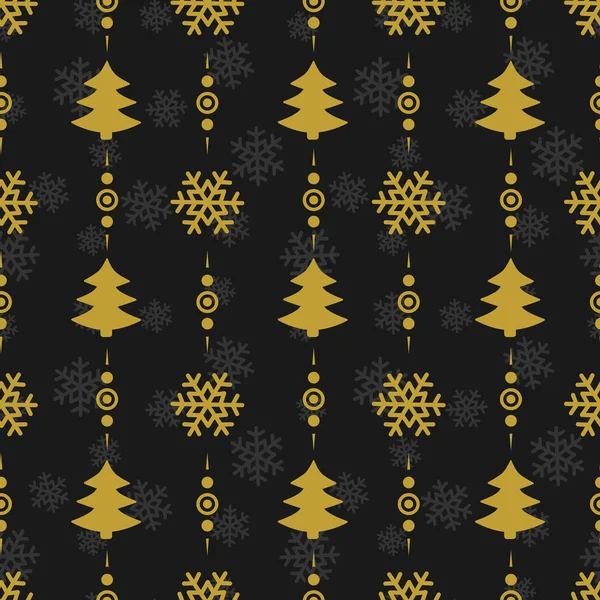 Vektor Nahtloses Weihnachtsmuster Mit Goldenen Weihnachtsbäumen Und Schneeflocken Auf Schwarzem — Stockvektor