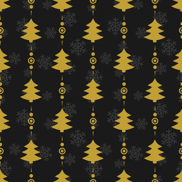 Vektor Nahtloses Weihnachtsmuster Mit Goldenen Weihnachtsbäumen Auf Schwarzem Hintergrund Urlaubsdesign — Stockvektor