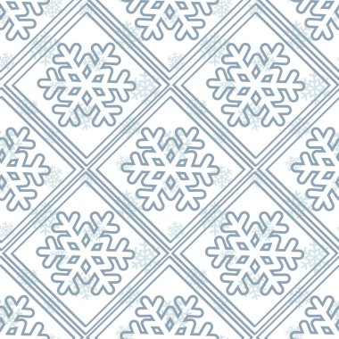Beyaz zemin üzerinde kar taneleri olan vektörsüz geometrik kış deseni; tebrik kartı, hediye kutusu, duvar kağıdı, kumaş, web tasarımı için bayram tasarımı.