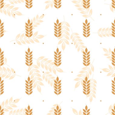 Buğday kulaklı vektörsüz desen; tam tahıl, organik, fırın paketi, ekmek ürünleri, ambalaj kağıdı, web tasarımı. Beyaz arkaplan.