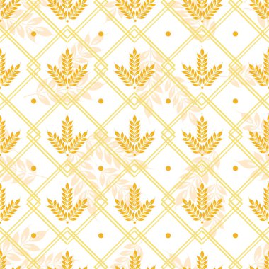 Buğday kulaklı vektörsüz geometrik desen; tam tahıl, organik, fırın paketi, ekmek ürünleri, ambalaj kağıdı, web tasarımı.