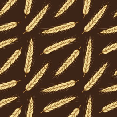 Koyu kahverengi arka planda buğday kulaklı vektörsüz desen. Tam tahıl, organik, fırın paketi, ekmek ürünleri, web tasarımı.