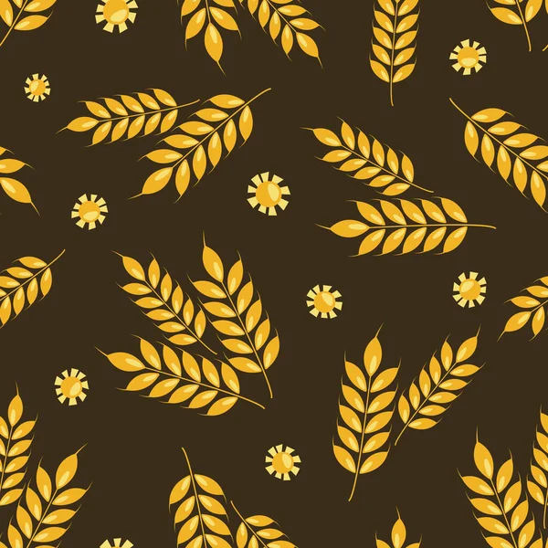 Vector Seamless Ears Wheat Pattern Sun Dark Brown Background Whole — 스톡 벡터