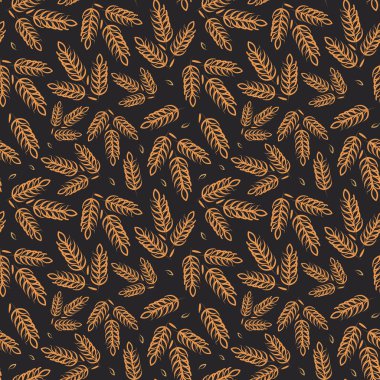 Vector seamless pattern illustration ears of wheat on black background. Whole grain, organic, for bakery package, bread products.