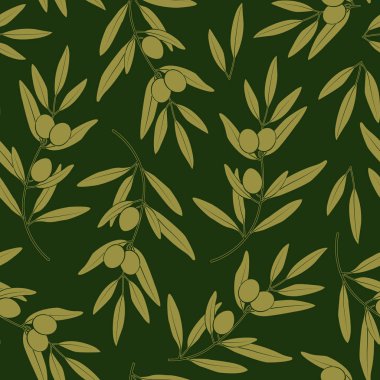 Seamless pattern with olives. Vector golden silhouette of branches, leaves and olives on dark green background. Design for labels, wrappers, textiles, web design.