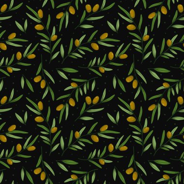 Vector seamless pattern with olives branches on black background. Design for fabrics, wallpapers, textiles, web design.