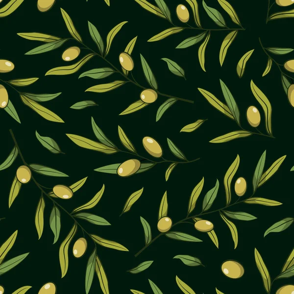 Nahtloses Muster Mit Oliven Vektorzweige Blätter Und Oliven Auf Schwarzem — Stockvektor