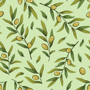 Zeytinli kusursuz desen. Yeşil arka planda vektör dalları, yapraklar ve yeşil zeytinler. Etiketler, ambalajlar, tekstil, web tasarımı için tasarım.