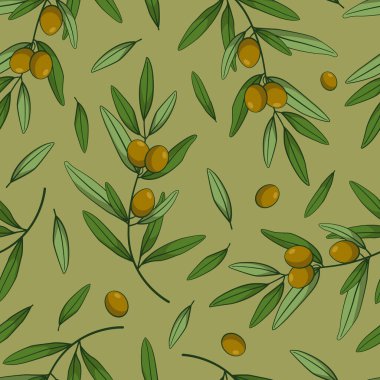 Zeytinli kusursuz desen. Yeşil arka planda vektör dalları, yapraklar ve zeytinler. Etiketler, ambalajlar, tekstil, web tasarımı için tasarım. 