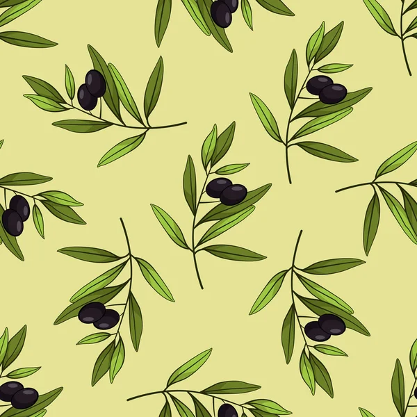 Nahtloses Muster Mit Oliven Vektorzweige Blätter Und Schwarze Oliven Auf — Stockvektor