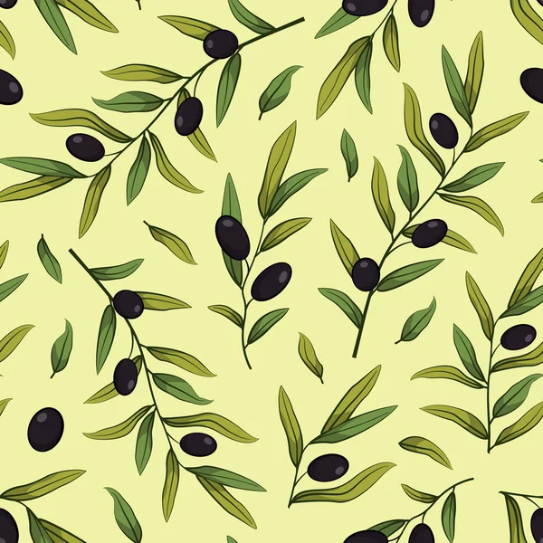 Modello Senza Cuciture Con Olive Rami Vettoriali Foglie Olive Nere — Vettoriale Stock