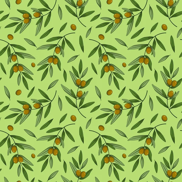 Nahtloses Muster Mit Oliven Vektorzweige Blätter Und Grüne Oliven Auf — Stockvektor