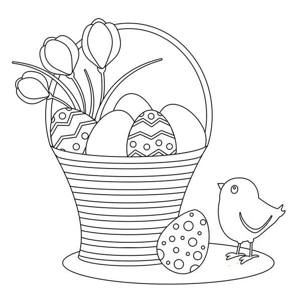 Coloriage Poussin Mignon Oeufs Pâques Fleurs Illustration Vectorielle Noir Blanc — Image vectorielle