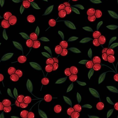Lingonberry dalları pürüzsüz desen; siyah arkaplanda orman meyveleri; kumaş, duvar kağıdı, tekstil, ambalaj kağıdı, web tasarımı için doğal tasarım.
