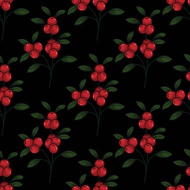 Lingonberry dalları pürüzsüz desen; siyah arkaplanda orman meyveleri; kumaş, duvar kağıdı, tekstil, ambalaj kağıdı, web tasarımı için doğal tasarım.