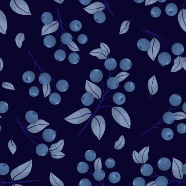 Vector seamless pattern with blueberry twigs on dark blue background; berry design for fabric, wallpaper, wrapping paper, packaging, textile, web design.