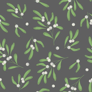  Vector seamless pattern with mistletoe twigs on dark gray background; white mistletoe for fabric, wallpaper, packaging, textile, web design.