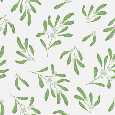  Vector seamless pattern with mistletoe twigs on white background; white mistletoe for fabric, wallpaper, packaging, textile, web design.