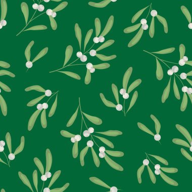 Vector seamless pattern with mistletoe twigs on green background; white mistletoe for fabric, wallpaper, packaging, textile, web design.
