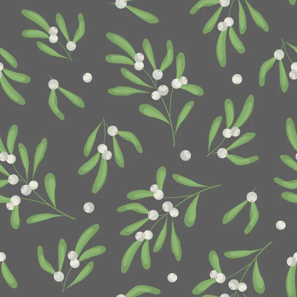 Vector Seamless Pattern Mistletoe Twigs Dark Gray Background White Mistlee — стоковый вектор