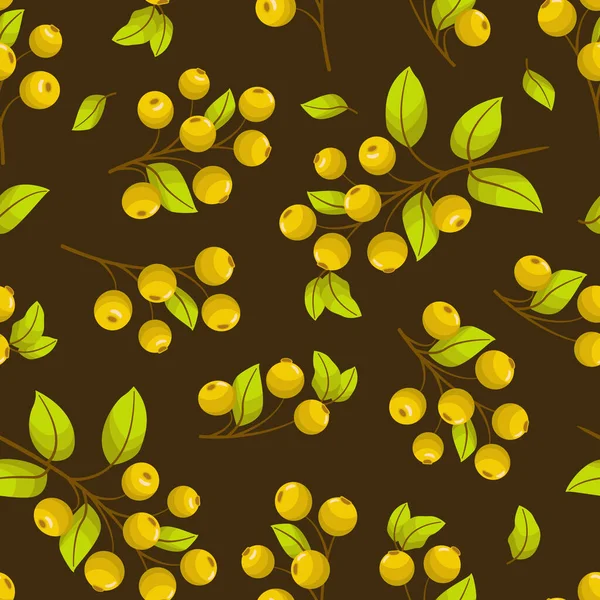 Vector Seamless Pattern Yellow Rowanberry Twigs Brown Background Natural Design — Stockvektor