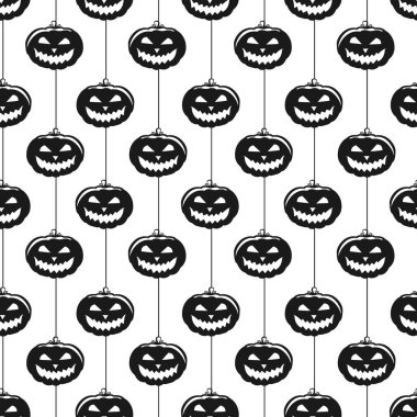  Vektörsüz cadılar bayramı deseni. Siyah beyaz ikonlar çizgili korkunç balkabakları. Tebrik kartı, hediye kutusu ve kumaş için mükemmel. Beyazda izole edilmiş.