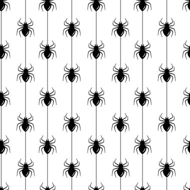  Vektörsüz cadılar bayramı deseni. Siyah beyaz simgeler çizgili örümcekler. Tebrik kartı, hediye kutusu, kumaş ve web tasarımı için tatil tasarımı. Beyazda izole edilmiş.