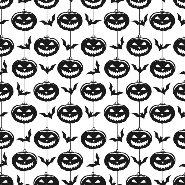 Patrón Halloween Sin Costura Vectorial Iconos Simples Blanco Negro Calabazas — Archivo Imágenes Vectoriales