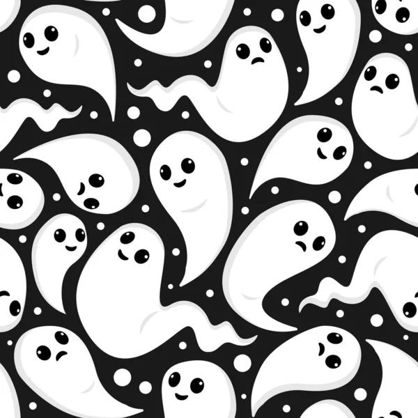 Patrón Halloween Sin Costuras Fantasmas Lindos Sobre Fondo Negro Diseño — Vector de stock