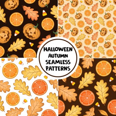  Tebrik kartı, hediye kutusu, duvar kağıdı, kumaş, web tasarımı için sonbahar Cadılar Bayramı desenleri.