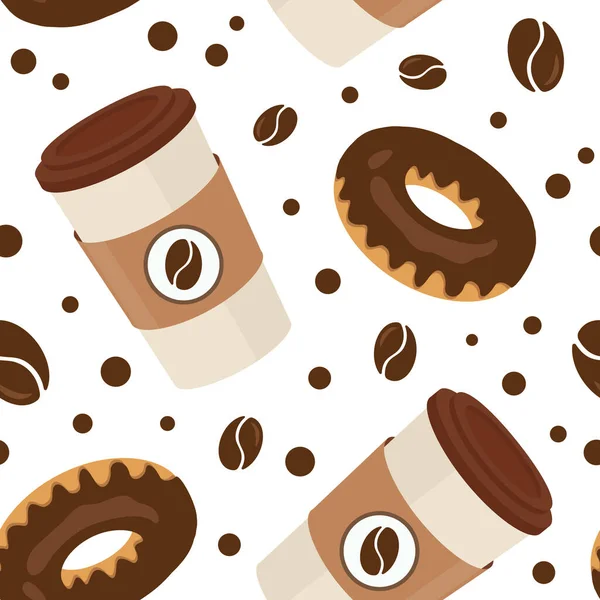Бесшовный Узор Шоколадными Пончиками Кофе Пластиковых Чашках Ткани Обоев Текстиля — стоковый вектор