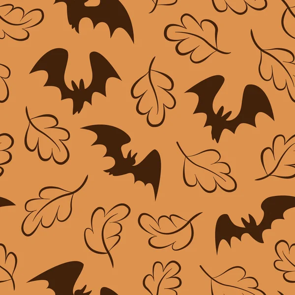 Бесшовный Рисунок Хэллоуина Летучими Мышами Падающими Листьями Оранжевом Фоне Поздравительной — стоковый вектор