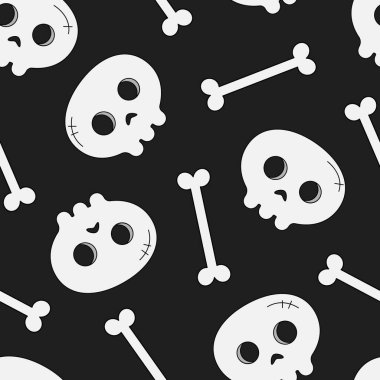  Siyah arka planda şirin kafatasları olan kusursuz Cadılar Bayramı şablonu tebrik kartı, hediye kutusu, kumaş, duvar kağıdı, web tasarımı.