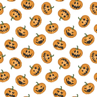  Kutlama kartı, hediye kutusu, duvar kağıdı, kumaş, web tasarımı için korkutucu balkabakları olan kusursuz Cadılar Bayramı deseni. Beyazda izole edilmiş.