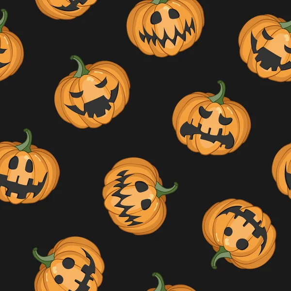 Padrão Halloween Sem Costura Vetorial Com Abóboras Assustadoras Fundo Preto —  Vetores de Stock