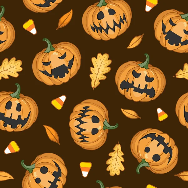 Patrón Halloween Sin Costura Vectorial Con Calabazas Miedo Sobre Fondo — Vector de stock