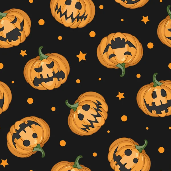 Padrão Halloween Sem Costura Vetorial Com Abóboras Assustadoras Fundo Preto —  Vetores de Stock