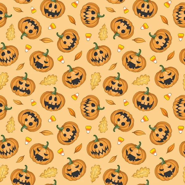 Vector Naadloos Halloween Patroon Met Enge Pompoenen Beige Achtergrond Voor — Stockvector