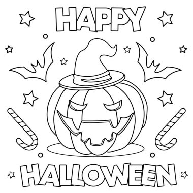  Coloring page. Black and white vector illustration with scary pumpkin in witch hat. Lettering `Happy Halloween`.