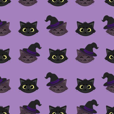  Pembe arka planda şirin cadılar bayramı kedileri olan kusursuz bir desen. Cadılar Bayramı kartları, kumaş, hediye kutuları, duvar kağıtları, web tasarımı için bayram tasarımı.