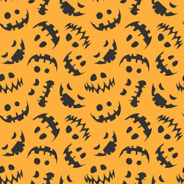  Kusursuz bir Cadılar Bayramı deseni ve turuncu arka planda korkutucu gülümsemeler. Kutlama kartı, hediye kutusu, duvar kağıdı, kumaş, web tasarımı için Cadılar Bayramı tasarımı.