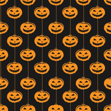  Kusursuz Cadılar Bayramı şablonu. Turuncu simgeler siyah arkaplanda çizgili korkunç balkabakları. Tebrik kartı, hediye kutusu ve kumaş için mükemmel..