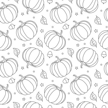  Kabaklı kusursuz desen ve stres önleyici boyama kitabı için yapraklar. Siyah ve beyaz vektör çizimi. Kumaş, duvar kağıdı, tekstil, web tasarımı için mükemmel.