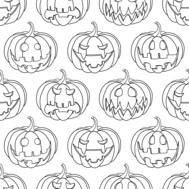  Stres önleyici renk sayfası için Cadılar Bayramı balkabakları. Boyama kitabı için kusursuz desen. Vektör çizimi. Siyah beyaz arkaplan.