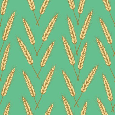 Yeşil arka planda buğday kulakları olan vektörsüz desen. Tam tahıl, organik, fırın paketi, ekmek ürünleri, web tasarımı.