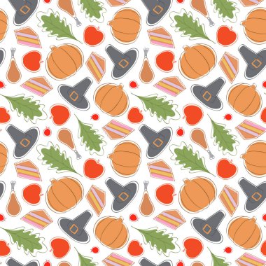  Bayram eşyalarıyla Şükran Günü kusursuz desen. Tebrik kartı, hediye kutusu, duvar kağıdı, kumaş, web tasarımı için tasarım. Beyazda izole edilmiş.