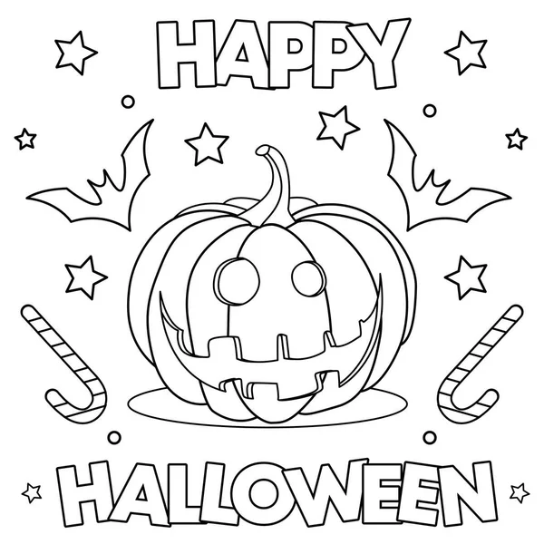 Coloring Page Black White Vector Illustration Happy Pumpkin Lettering Happy — Stock Vector