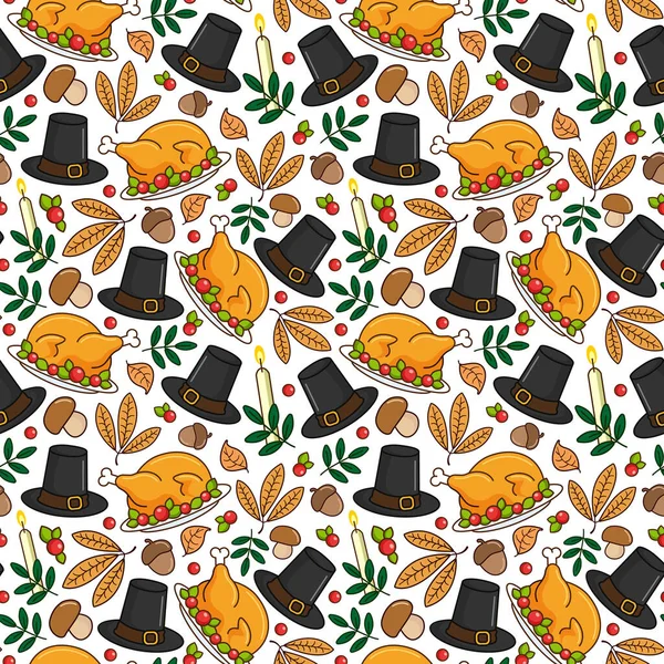 Thanksgiving Day seamless pattern with holiday objects. Design for greeting card, gift box, wallpaper, fabric, web design. Isolated on white.