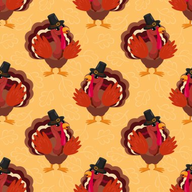  Şükran Günü kutlamaları için çizgi filmdeki hindili kuşla kusursuz bir şablon. Tebrik kartı, hediye kutusu, duvar kağıdı, kumaş, web tasarımı için tatil tasarımı.