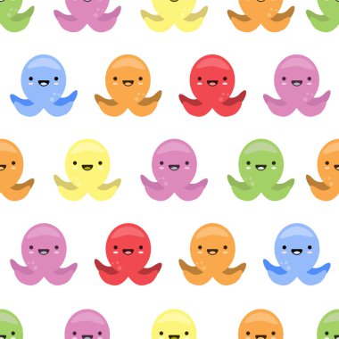  Şirin renkli ahtapotlu, kusursuz vektör deseni. Bebek kıyafetleri, duvar kâğıdı, kumaş, tekstil ve web tasarımı için mükemmel. Beyazda izole edilmiş.